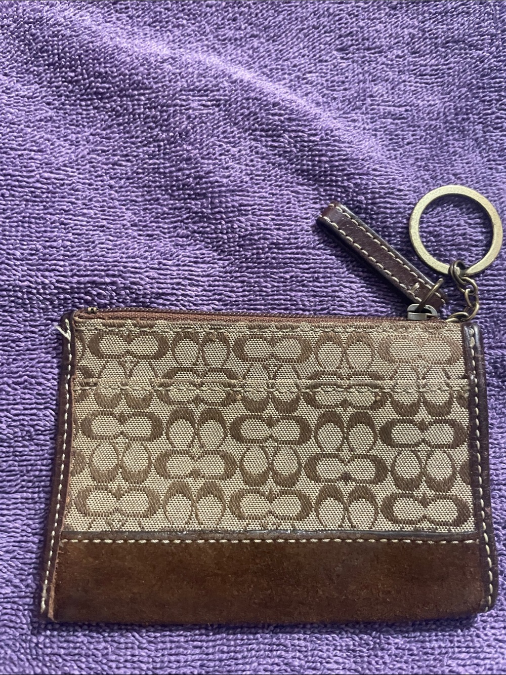 Coach Brown Signature Canvas Zip Card Case with Key Ring